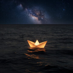 Obraz premium Glowing Paper Boat on Dark Ocean Under Starlit Sky
