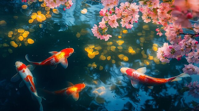 Serene koi carp swimming under beautiful sakura blossoms
