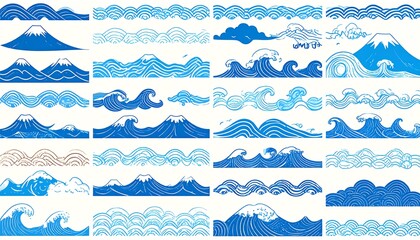 Collection of stylized waves and mountains
