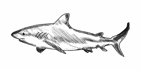 Shark Outline Sketch for Marine Life Concept. Monochrome Shark Illustration with Shading. Black and white hand drawn shark illustration with detailed fins, tail, and textured shading