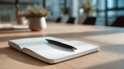 Clean close-up view of blank white notebook and simple black pen resting on pale oak conference table, professional modern office style