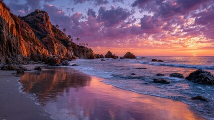 Obraz premium Coastal sunset, dramatic colors reflect on calm water