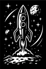 Fototapeta premium Rocket launching into space surrounded by stars and moons
