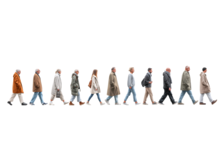 Diverse People Walking in a Row, Isolated on Black Background