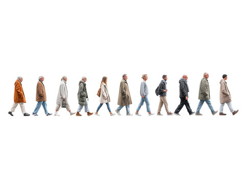 Diverse People Walking in a Row, Isolated on Black Background