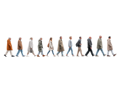 Diverse People Walking in a Row, Isolated on Black Background