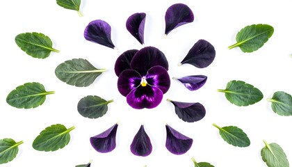 A vibrant arrangement of deep purple flower petals and lush green leaves radiating outward from a central flower, creating a symmetrical design on a plain white background.