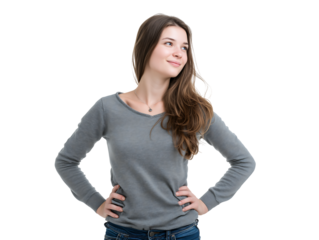 Thoughtful Young Woman in Grey Sweater, Hands on Hips, Studio Portrait