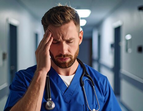 Tired Doctor Hospital Corridor. - Powered by Adobe