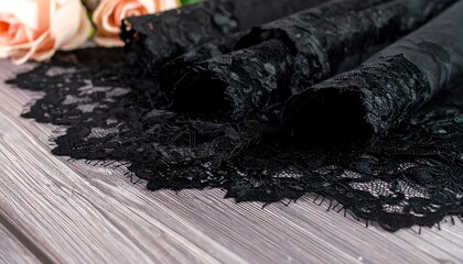 Delicate black lace trim, intricately patterned, displayed against a grey wooden surface, with a soft, romantic mood.
