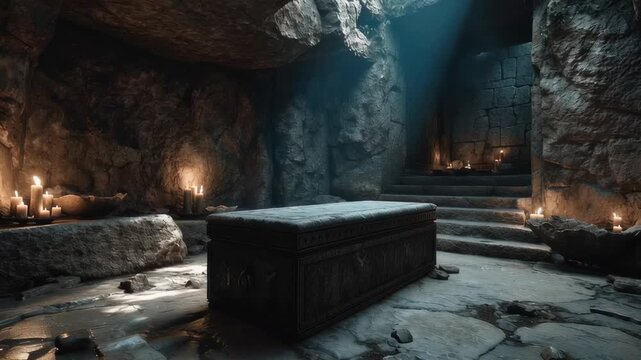 Ancient tomb interior with stone sarcophagus and burning torches. Mysterious archeological discovery in dark underground chamber. Adventure game level design.