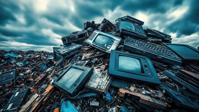 E-waste pile with old TVs and keyboards under a cloudy sky