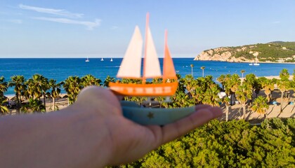 A hand holds a small sailboat, showcasing a beautiful coastal scene with palm trees, blue water, and a distant hill.