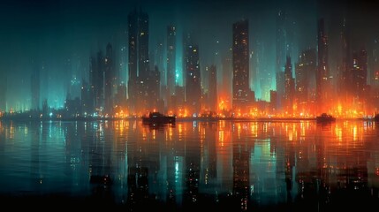 Obraz premium AI-Powered Holographic Cityscape: Futuristic Skyline with Cyberpunk Charm, High Detail Visuals