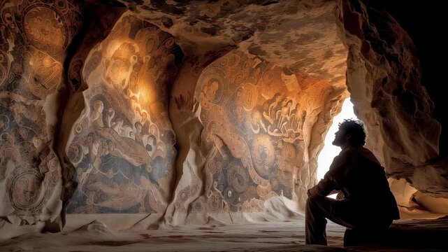 Archaeologist exploring ancient cave with prehistoric rock art. Silhouette of person sitting in cave entrance. Archaeological excavation and study of early human civilization.