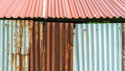 Rusted corrugated metal panels and a corrugated metal roof, showing a weathered and aged texture.
