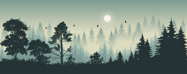 Serene forest silhouette banner with a layered misty landscape featuring mountains trees and flying birds in a beautiful scenic view ideal for nature themed backgrounds.