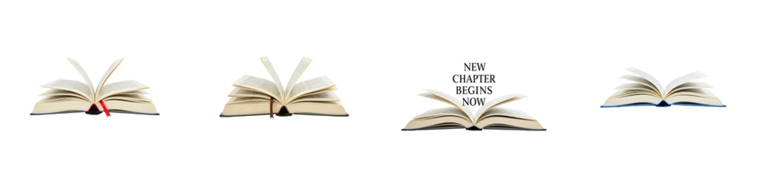 Turning the page a new chapter begins with open books in a minimalistic setting isolated set PNG