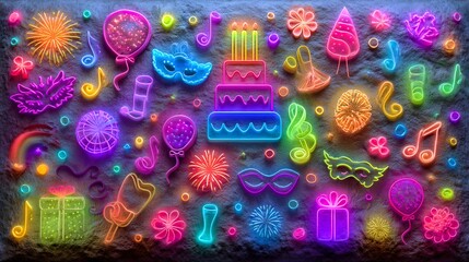 A colorful and vibrant image of a party scene with neon lights and various decorations such as balloons, cakes, and masks. Scene is festive and celebratory, with the bright colors