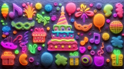 Obraz premium A colorful and vibrant image of a cake with a lit candle surrounded by various party decorations such as balloons, masks, and presents. Scene is festive and celebratory