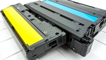 Close-up view of stacked ink cartridges, displaying cyan, yellow, and magenta ink compartments, arranged on a white wooden surface.