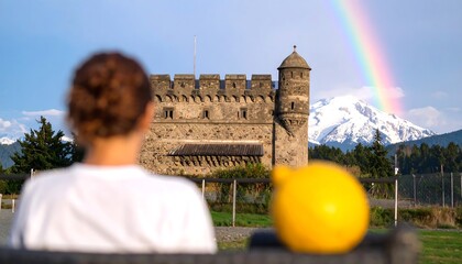 A person sits contemplatively, gazing at a historic fortress, a vibrant rainbow arches above a snowy mountain range, with a lemon in the foreground.