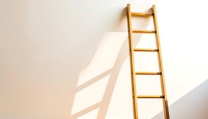 A wooden ladder casts a soft, warm shadow against a bright, minimalist white wall, evoking a sense of calm and simple elegance.