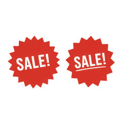 Two red starburst sale stickers isolated on transparent background