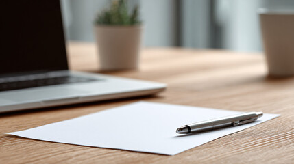 Close-up of meeting table with blank white paper, simple neutral pen, and closed generic laptop on light wood surface, minimalist modern corporate styling