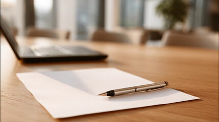 blank paper sheet with neutral toned pen and closed unbranded laptop on pale wooden conference table, clean professional look