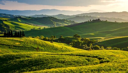 Rolling hills of vibrant green fields under a soft, golden sunrise, showcasing the picturesque Tuscan countryside.