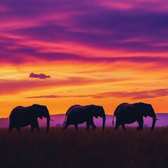 Fototapeta premium Silhouetted elephants walking through endless grasslands at dusk, dramatic orange and purple hues in the sky, peaceful and majestic, ultra-detailed cinematic photography 