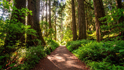 Naklejka premium Forest path with tall trees and lush green foliage under sunlight creating peaceful and inviting natural atmosphere for walking and exploring outdoors