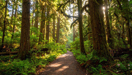 Fototapeta premium Forest path with sunlight shining through tall trees and lush green foliage, creating peaceful and inviting natural atmosphere for walking and exploring