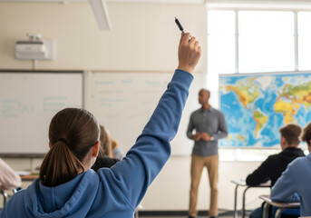 Female student in hoodie raises hand in modern high school class