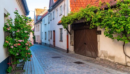 A picturesque, sunlit alleyway lined with pastel-colored buildings and lush greenery, showcasing charming details like vibrant blossoms and old-fashioned wooden doors.