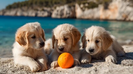 Three adorable golden retriever puppies with fluffy cream fur resting together with a small wet orange ball.