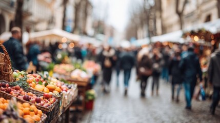 Vibrant Market Bustling With People Exploring Fresh Produce and Local Goods on a Chilly Day in an Urban Setting