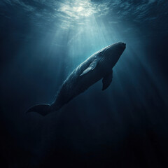 Fototapeta premium Sperm whale diving into the abyss, dramatic deep-sea lighting, vast open ocean backdrop, cinematic marine wildlife photography, ultra-detailed textures, high-resolution clarity 