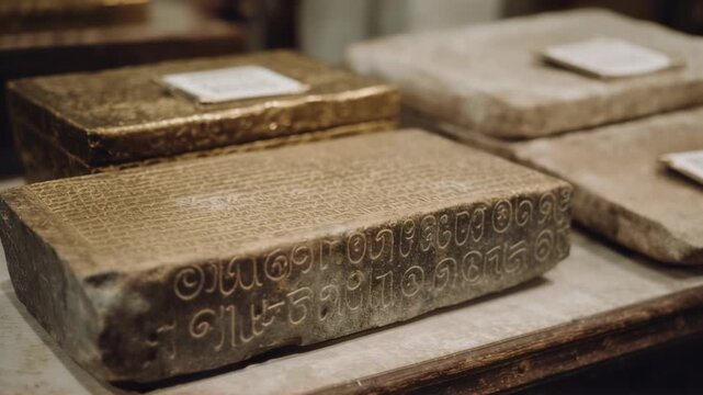 Ancient stone tablets with inscriptions on display in museum. Archaeological artifacts from early civilization. Historical evidence of writing systems and cultural heritage.