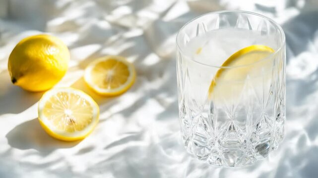 Refreshing drink with lemon slice and ice cubes on a bright day