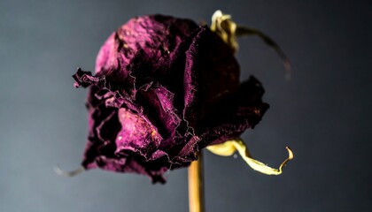 Close-up of a withered rose, showcasing its intricate texture and faded deep purple hues against a dark neutral background.
