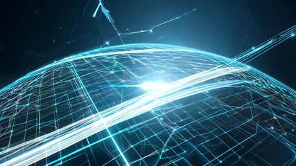 Dynamic abstract network globe with glowing light streaks and connections loop animation - Powered by Adobe