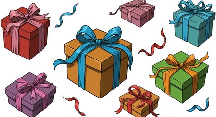 A set of six colorful gift boxes with ribbons showing realistic vector of gift boxes with ribbons and bows, white background