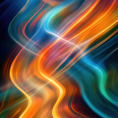 Naklejka premium Surreal energy wave blur, vibrant neon oranges, blues, and greens pulsating dynamically, futuristic and high-energy fine art abstract texture 