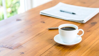 A white coffee cup filled with dark coffee sits on a light wooden table, next to a newspaper and a pen.