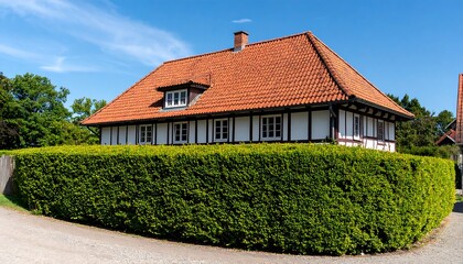 A charming, traditional house with a terracotta tiled roof and a neat hedge sits amidst lush greenery on a sunny day.