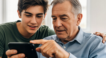 Teenage Boy Teaching Grandfather to Use Smartphone in Bright Living Room