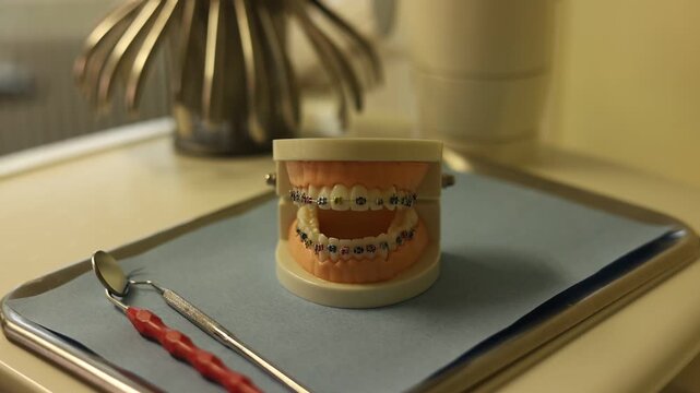 Orthodontic ligatures rings and ties, elastic rubber bands on orthodontic braces, model for dentist studying about dentistry.