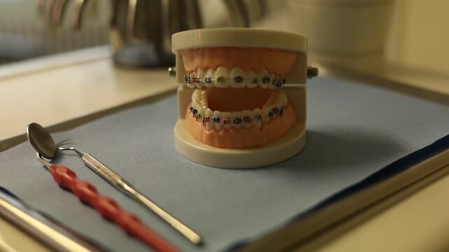 Orthodontic ligatures rings and ties, elastic rubber bands on orthodontic braces, model for dentist studying about dentistry.